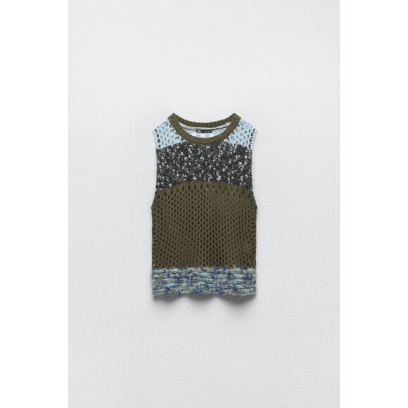Multicolor Zara Open-Stitch Crochet Round Neck Sleeveless Knit Top (NWT) - Picture 1 of 8